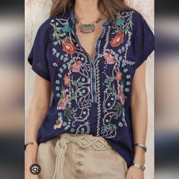 Johnny Was Navy Floral Peloza Embroidered Top - Picture 1 of 5